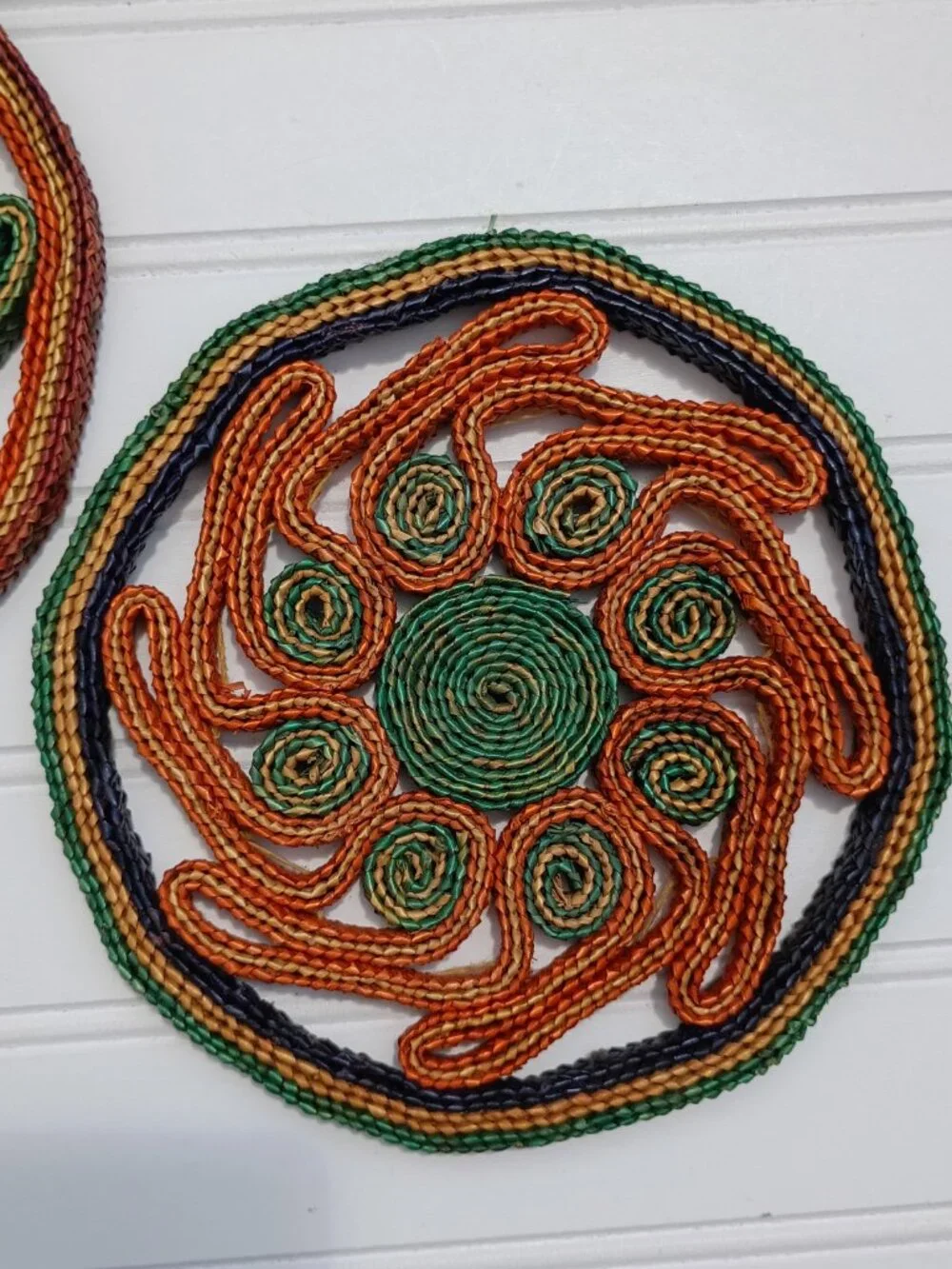 Vintage Woven Straw Trivets Round Spiral Design Colorful Table Decor Pair MCM